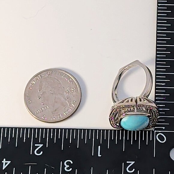 Marahlago Larimar Rhodium Plated Silver Ring Cushion-Cut Stone & Topaz - Picture 12 of 13